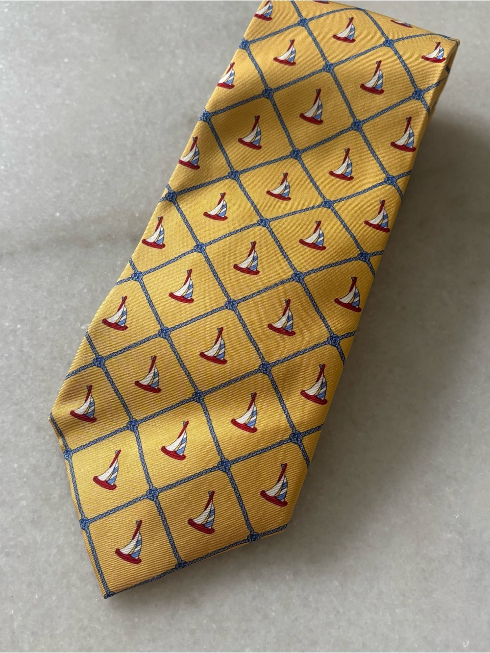 Lands End mens 100% silk necktie tie sailboats ropes knots